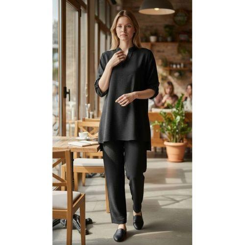 Kadın Kolu Katlanır Düğme Detay Hakim Yaka Bluzve Pantolon Sofia Keten Kumaş Ikili Takim