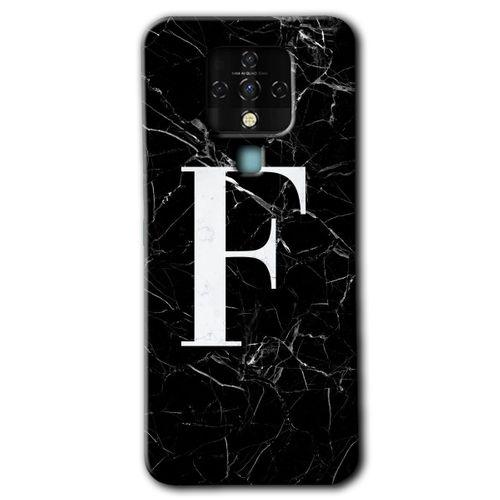 Tecno Camon 16 Kılıf HD Desen Baskılı Arka Kapak+Temperli Cam - Siyah Mermer Desenli F Harfi
