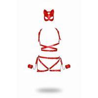 Kırmızı Harness Takım Deri Kedi Maskeli Zincir Detaylı - Brf1036