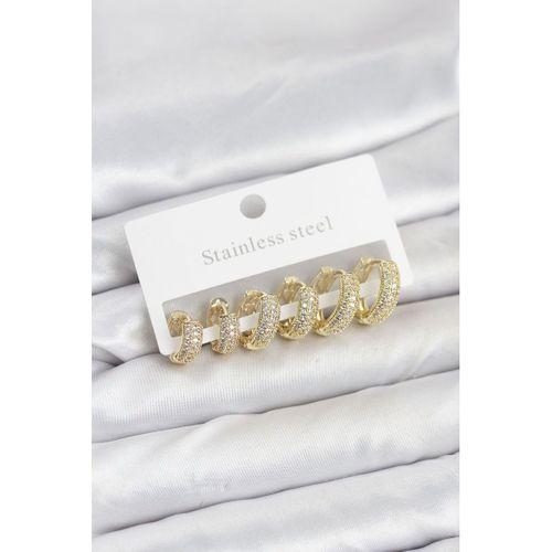 316L Çelik Gold Renk Zirkon Taşlı Halka Küpe Seti - TJ-BKP11520