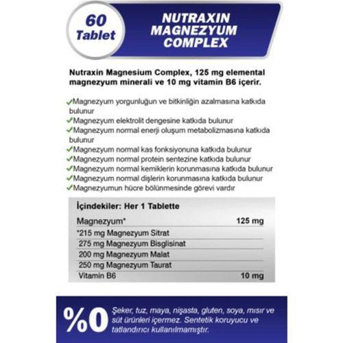 Nutraxin Magnezyum Complex Vitamin B6 60 Tablet 250 Mg (bisiglinat, taurat, Malat, Sitrat, B6)