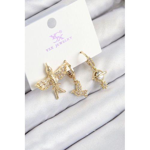 Pirinç Zirkon Taşlı 3'lü Kuş Model Gold Renk Kadın Küpe