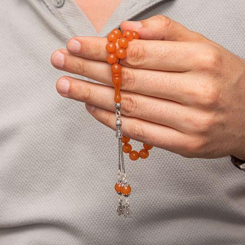 Gümüş Püsküllü Turuncu Yuvarlak Sıkma Kehribar Tesbih