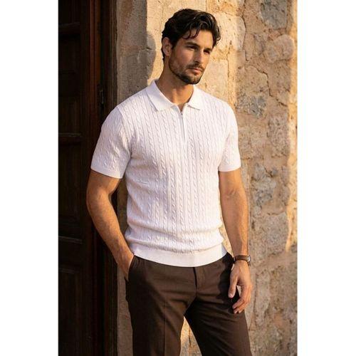 Burke Saç Örgü Yarım Fermuarlı Kısa Kollu İnce Triko Erkek T-Shirt - Ekru