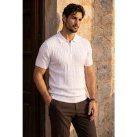 Burke Saç Örgü Yarım Fermuarlı Kısa Kollu İnce Triko Erkek T-Shirt - Ekru