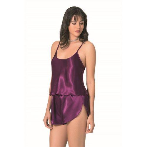 Mor Saten Babydoll Şort Takımı Zarif Kadın Gece Giyim