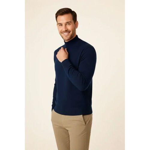 Erkek Yarım Boğaz Triko Kazak Yumuşak Dokulu Pamuklu Ince Dokuma, Uzun Kollu Rahat Regular Kalıp - Lacivert