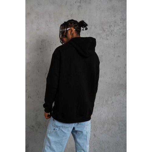 Erkek Oversize Kapüşonlu Sweatshirt – Siyah Renk Üç İplik İçi Pamuklu Kanguru Cepli Baskılı Hoodie Rahat Kalıp Kışlık Günlük Kombinlere Uygun - Siyah