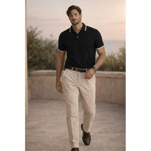 Balzac Yakası Şeritli Düğmeli Polo Yaka Basic Günlük Petek Örgü Triko Erkek T-Shirt - Siyah