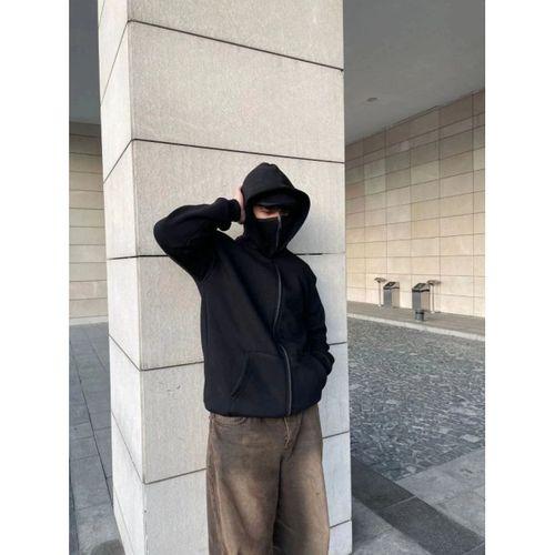 Samuray Ninja Çift Kapşonlu ZIP Fermuarlı Kanguru Çepli Tam Fermuarlı Hoodie Swetshirt - Siyah