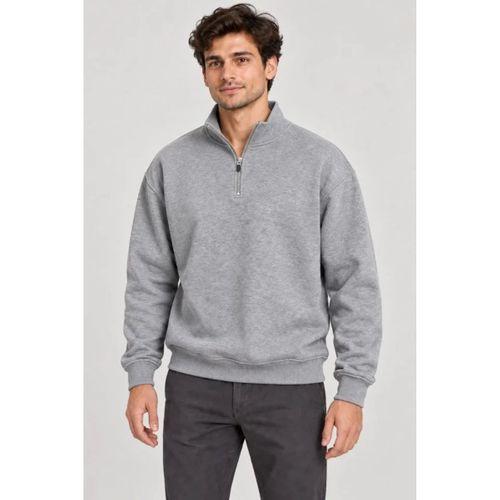 Erkek Üç İplik İçi Şardonlu Dik Yaka Yarım Fermuarlı Kışlık Sweatshirt - Grİ