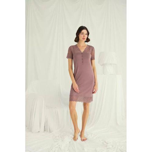 Yakası Kolu Omzu Ve Eteği Dantelli Önü Düğmeli Gecelik