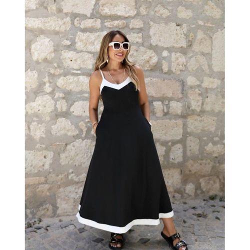 Kadın Ip Askılı V Yakalı çift Renkli Janjan Krep Elbise