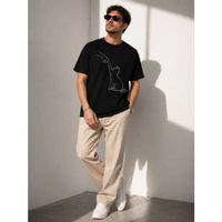 Erkek Minimal Kedi Çizim Baskılı Tişört Kısa Kol Yazlık T-Shirt - Siyah