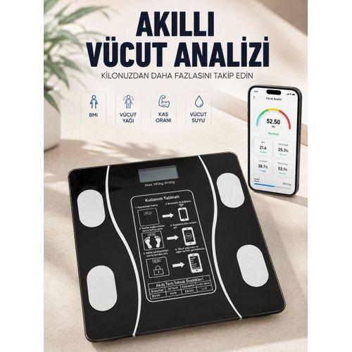 Akıllı Vücut Analiz Baskülü Bluetooth Bağlantılı 4 Sensörlü Lcd Ekranlı Dijital Tartı