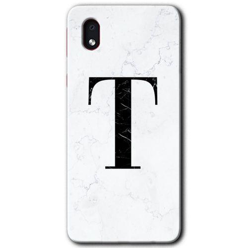 Samsung Galaxy A01 Core Kılıf Baskılı Kapak - Beyaz Mermer Desenli T Harfi + 5D Tam Kaplayan Cam