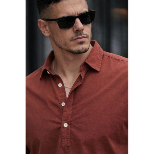 Yarım Pat Yakalı York Pamuk Kumaşlı Uzun Kollu Erkek Gömlek - Koyu Kahve