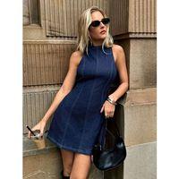 Kadın Omuzlardan Açık Bisiklet Yaka Kısa Kot Elbise