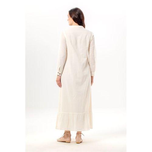 Uzun Kol Neşe Nakış Detaylı Boydan Düğmeli Yazlık Şile Bezi Uzun Elbise Krem Krm