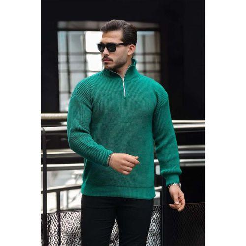 Oversize Selanik Örgü Yarım Fermuar Erkek Triko Kazak - Yeşil