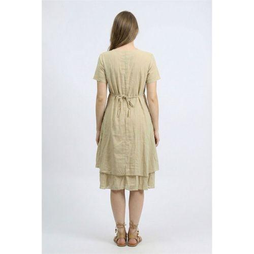 Kısa Kol Nil Vual Diz Boyu Çift Cepli Nakışlı Yazlık Elbise Vizon Vzn