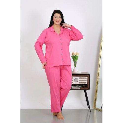 Kadın Büyük Beden Pamuklu Cepli Düğmeli Pembe Pijama Takım