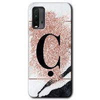 Potkal Hediye Fabrikası Xiaomi Redmi 9T Kılıf HD Desen Baskılı Arka Kapak - Pembe Mermer Desenli Ç Harfi