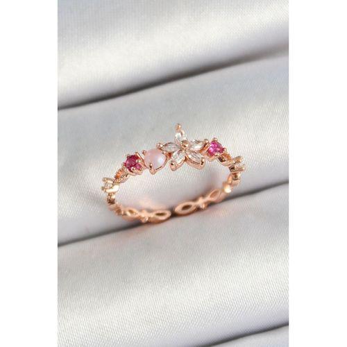 Pirinç Papatya Figürlü Zirkon Taşlı Rose Gold Renk Ayarlanabilir Kadın Yüzük