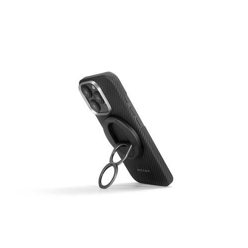 Apple iPhone 16 Pro Max Kılıf M-safe Şarj Özellikli Grip 3 Standlı 600D Aramid Fiber Pitaka Ultra-Slim Classic Serisi Black-Grey Twill Kapak