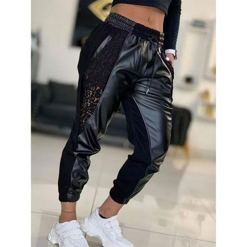 Kadın Yüksek Bel Lastikli Yanda Dantel Detaylı Bağcıklı Deri Pantolon