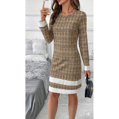 Kadın Uzun Kollu Yuvarlak Yaka Etek Ucu şerit Detaylı Mini Dokuma Elbise