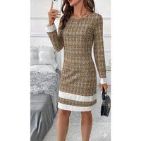 Kadın Uzun Kollu Yuvarlak Yaka Etek Ucu şerit Detaylı Mini Dokuma Elbise