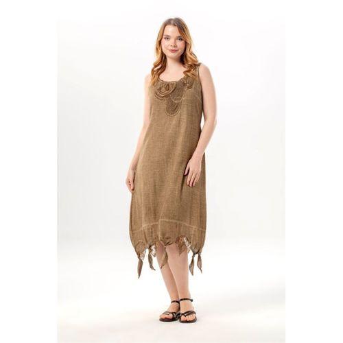 Kolsuz Gece Yuvarlak Yaka Otantik Poplin Midi Boy Elbise Toprak Tprk