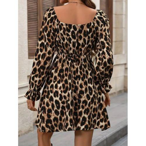 Kadın Uzun Kollu Kare Yakalı Leopar Modal Mini Elbise
