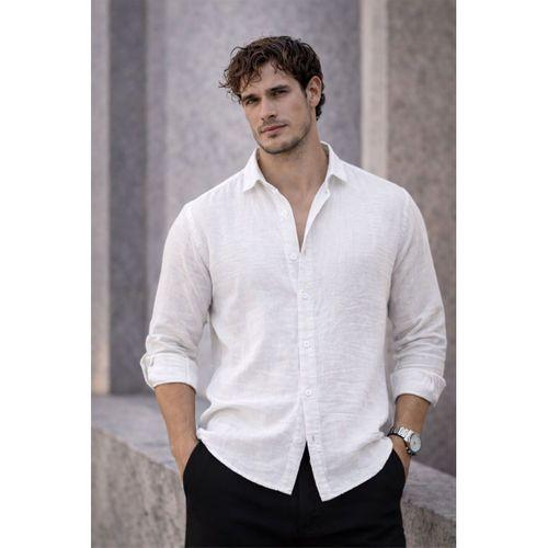 Nefes Alabilir Yarım Oversize Müslin Kumaş Uzun Kol Yakalı Erkek Gömlek - Beyaz