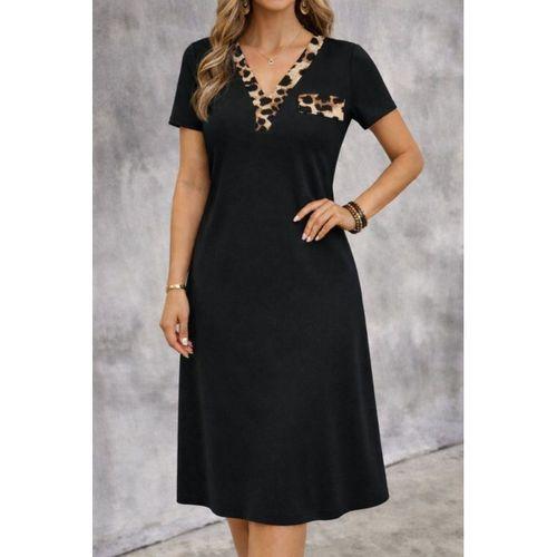 Kadın Kısa Kollu V Yakalı Süs Cep Detaylı Midi Viskon Elbise