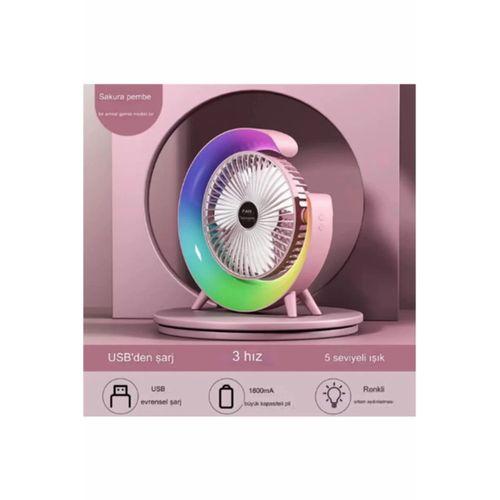 Masaüstü Vantilatör Usb Şarjlı Rgb Led Işıklı 3 Kademeli 180° Ayarlanabilir Soğutucu Fan Pembe