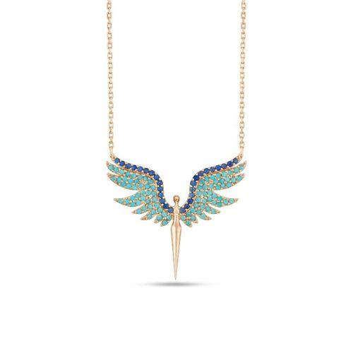 Mikail Meleği Mavi Firuze Taşlı Kadın Gümüş Kolye