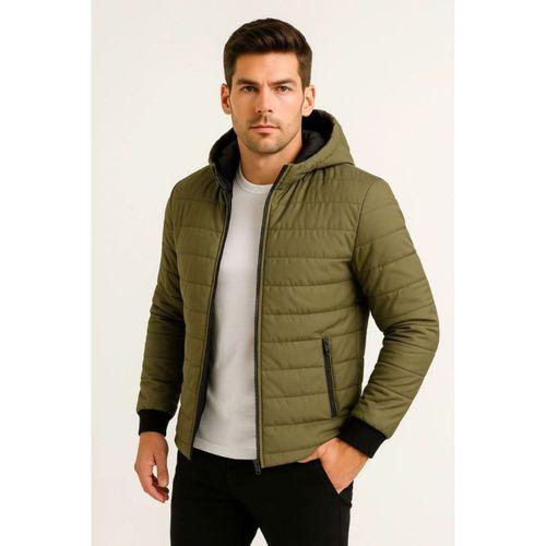 Erkek Şişme Kapüşonlu Fermuarlı Mont Su Itici Kapitone Astarlı Kumaş Cepli Kışlık Rahat Kalıp - Haki