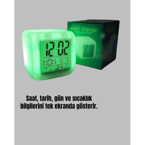 7 Renk Led Işıklı Alarmlı Dijital Küp Masa Saati Termometreli