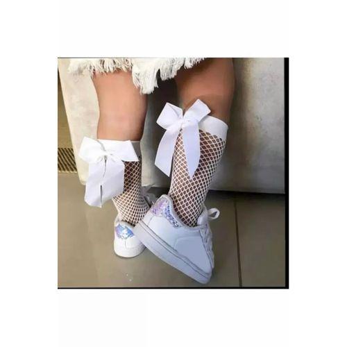 Beyaz Fileli Diz Altı Fiyonklu Kız Çocuk Çorap