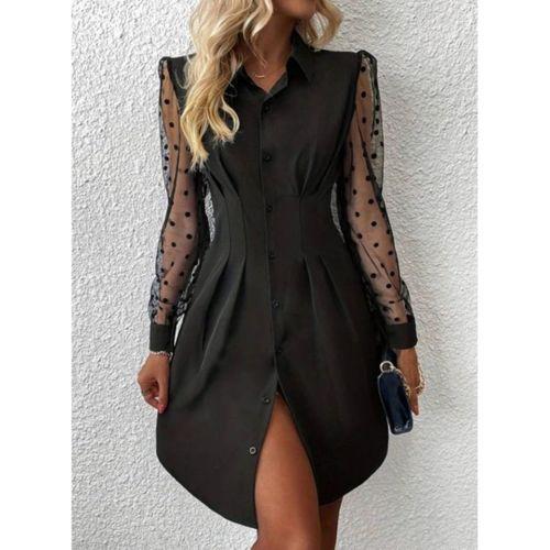 Kadın Uzun Kollu Yakalı Düğmeli Mini Ithal Krep Elbise