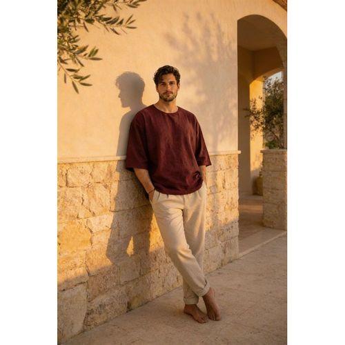 Castiel Bisiklet Yaka Fakir Kol Oversize Kısa Kol T-shirt - Bordo
