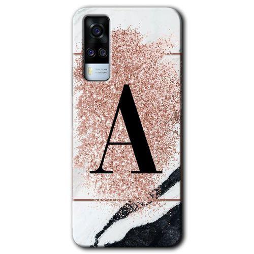 Vivo Y51a Kılıf HD Desen Baskılı Arka Kapak - Pembe Mermer Desenli A Harfi + Kırılmaz Cam