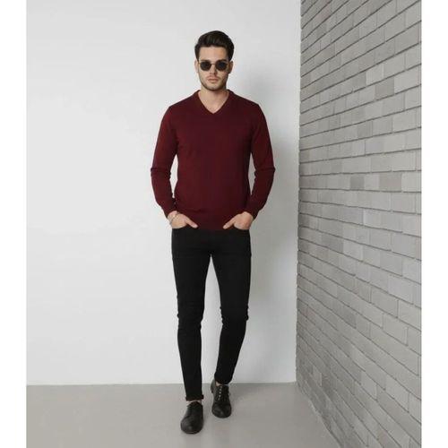Erkek V Yaka Triko Kazak Yumuşak Dokulu Pamuklu Ince Dokuma, Uzun Kollu Rahat Regular Kalıp - Bordo