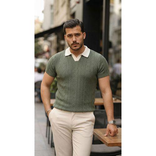 Erkek Desenli Kısa Kollu Triko Tişört - %100 Pamuk Akrilik