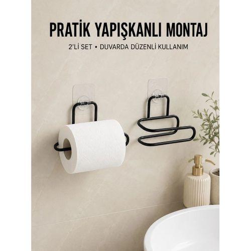 2 Adet Yapışkanlı Wc Kağıtlık Siyah Metal Pratik Duvar Tipi Rulo Tutucu