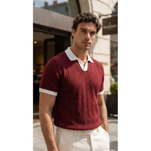 Erkek Örgü Desen Yakalı Kısa Kollu Triko Tişört - %100 Pamuk Akrilik