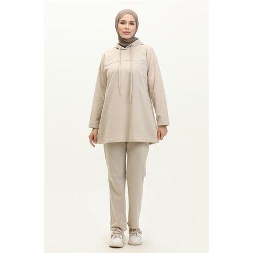 Kapşonlu Sweat Eşofman Sade Basic Spor Takım - 03056.027 - Ekru