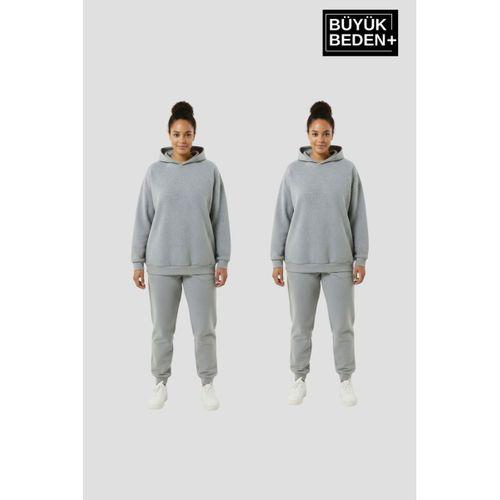 Kadın Büyük Beden 2  li Set Kapşonlu Kollar Ve Etek Ribanalı ince Swatshırt SPR26BSWK957+2